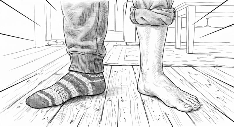 One foot bare (correct), the other still in a sock (wrong), pants rolled up